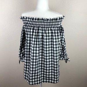Kate Spade Gingham Off Shoulder Black White Plaid Top